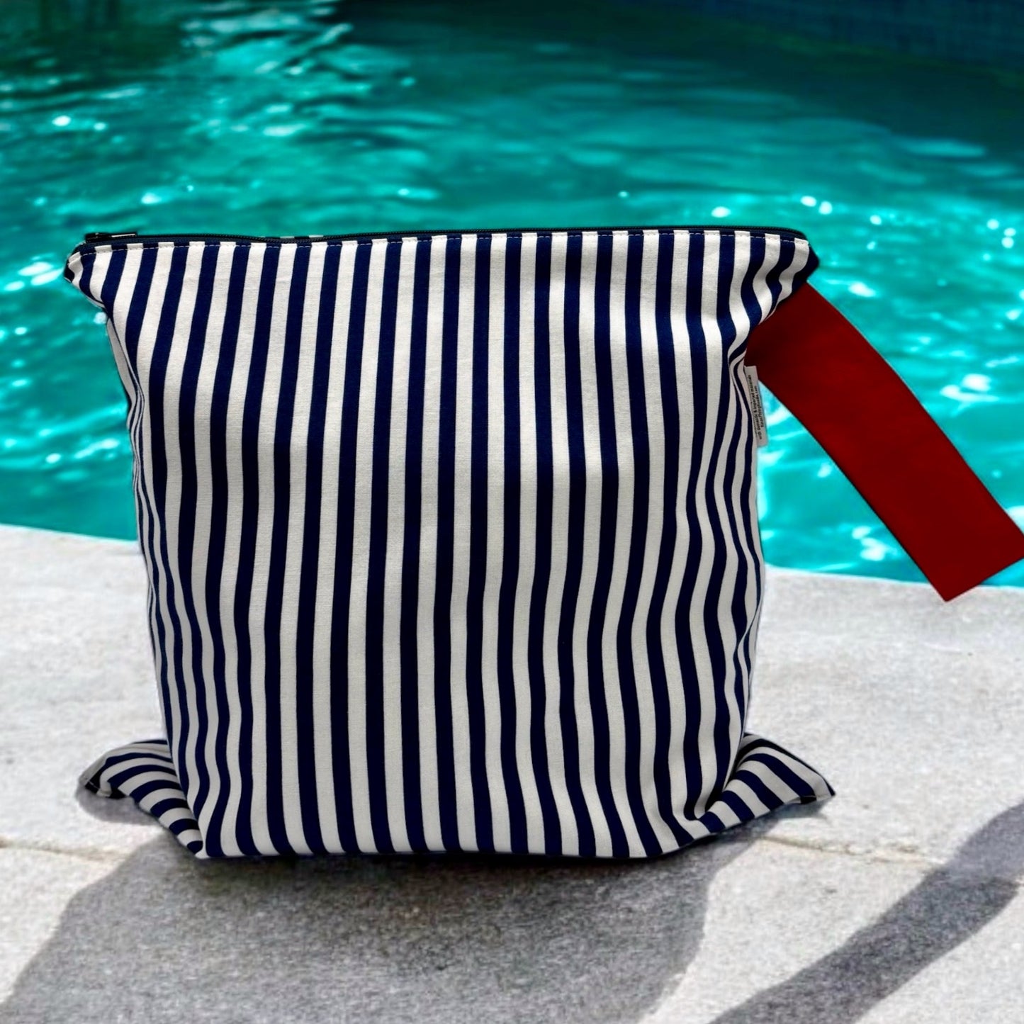 Large Wet Bag with Handle Stripes Navy with Red