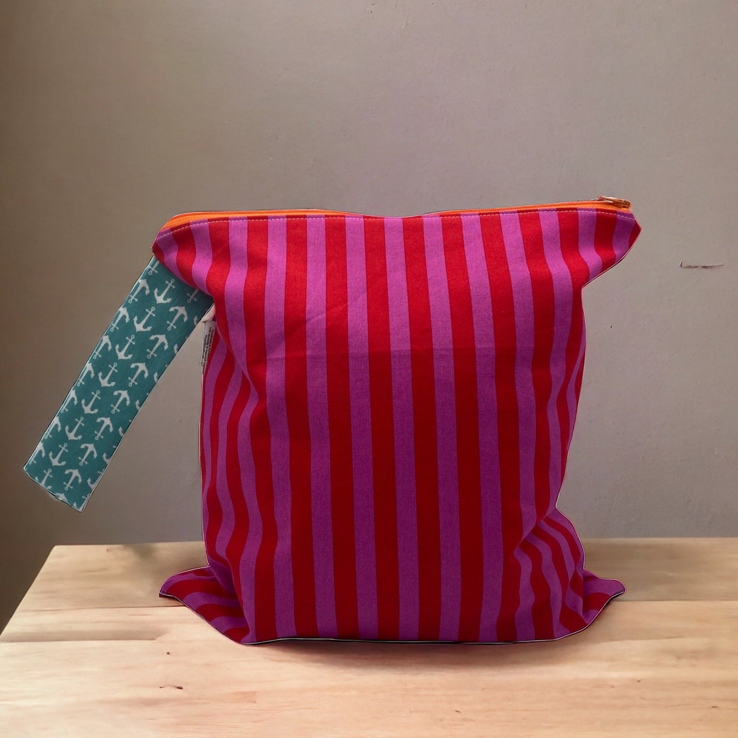 Large Wet Bag with Handle Stripes Pink and Red