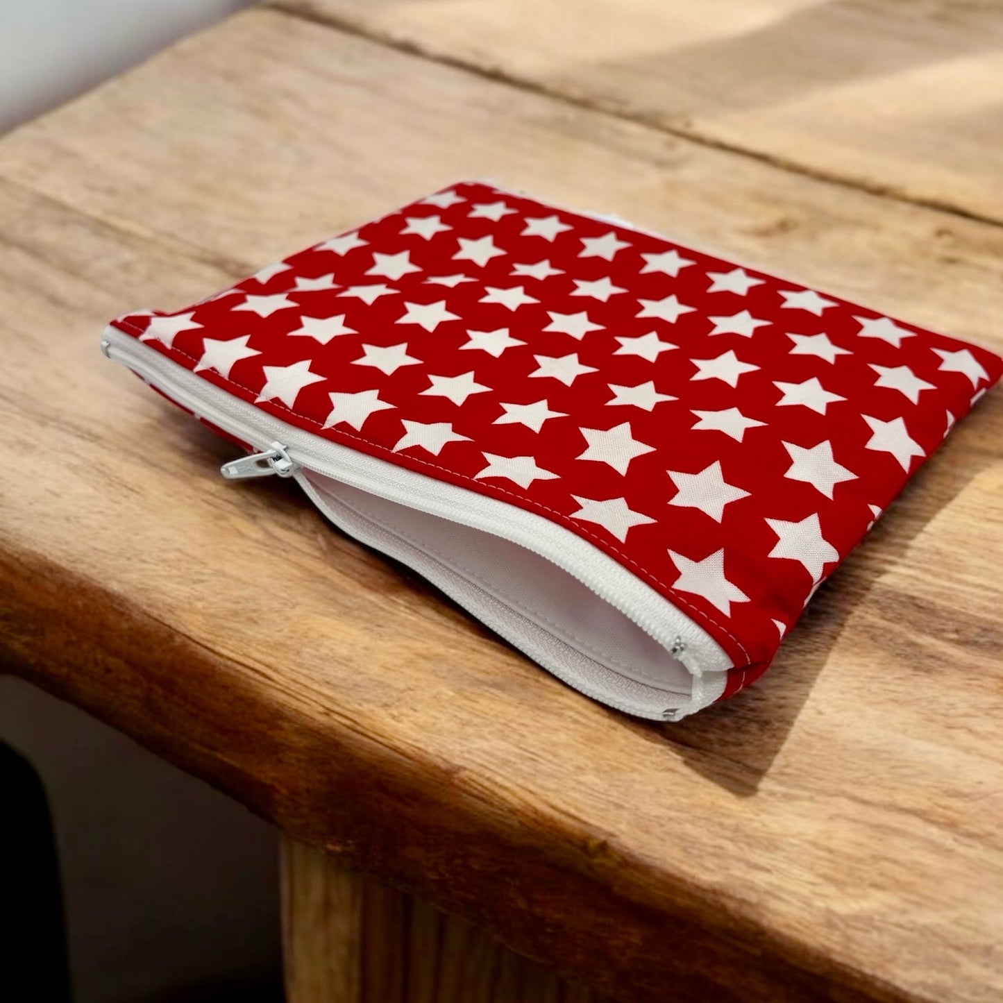 Sandwich Sized Reusable Zippered Bag Stars on Red