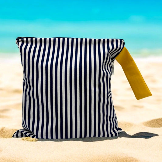 Large Wet Bag with Handle Stripes Navy with Yellow