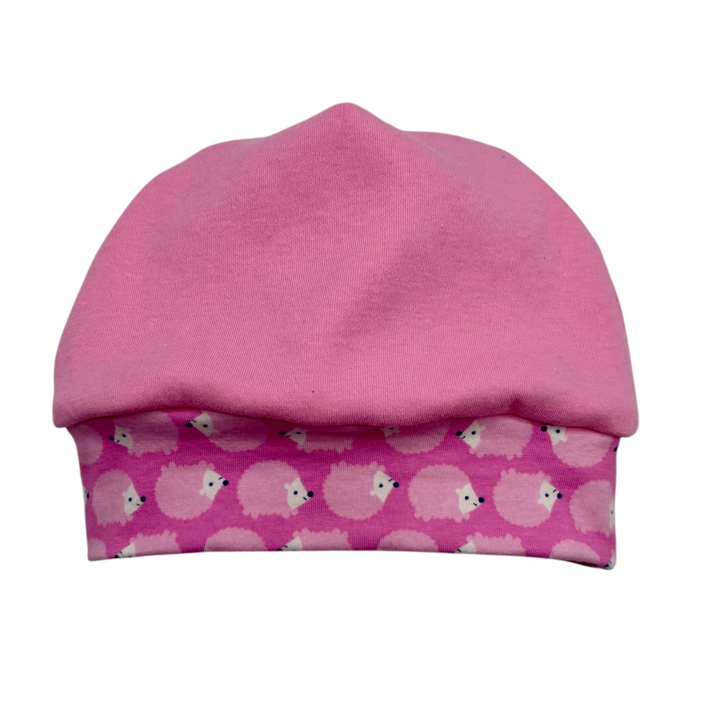 Beanie Hat in Baby: Pink with Hedgehogs