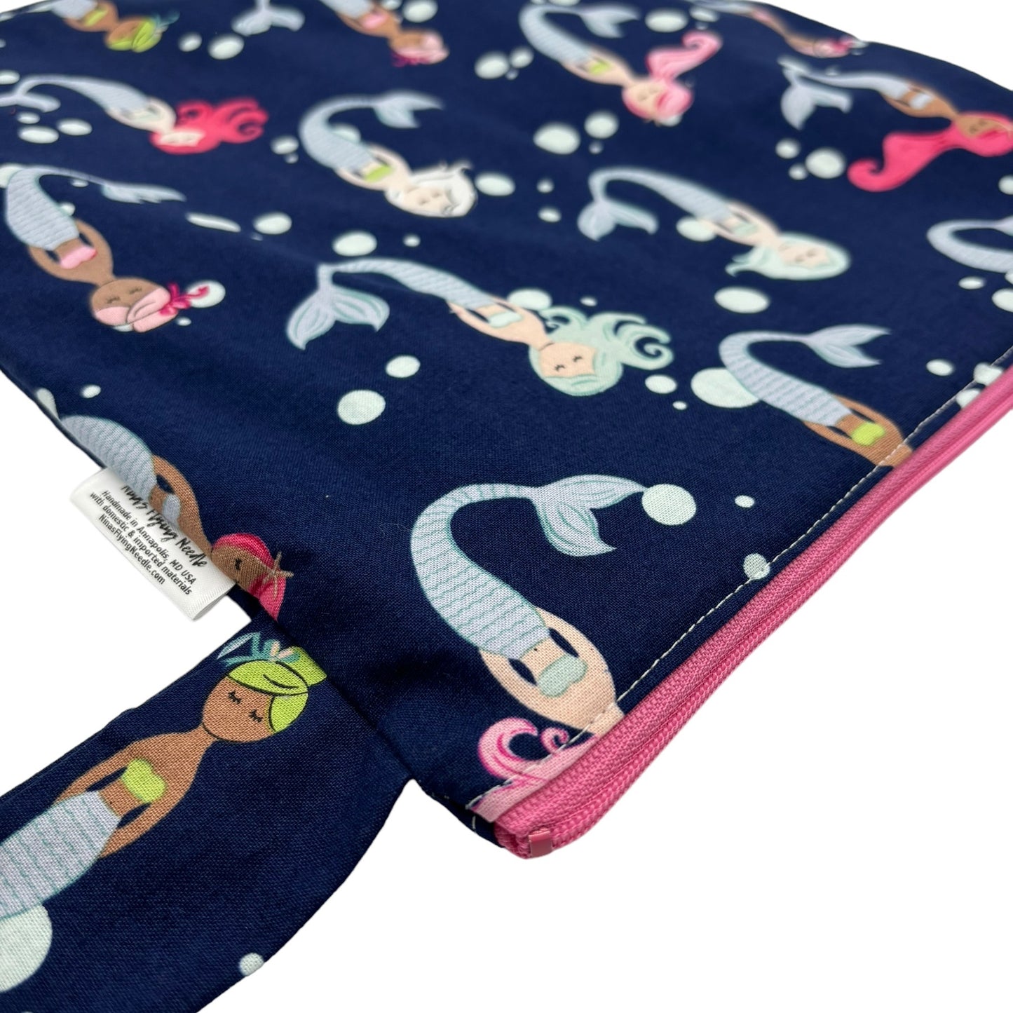 Large Wet Bag with Handle Mermaids on Navy