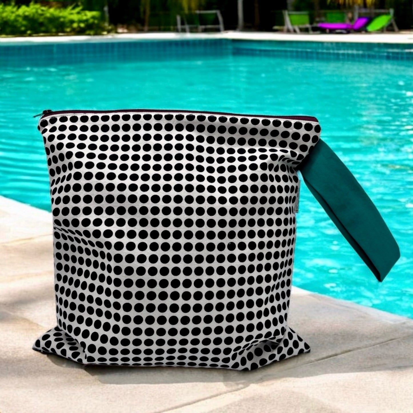 Large Wet Bag with Handle Dots Black on White