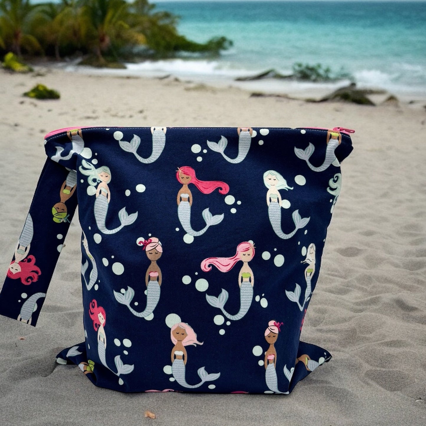 Large Wet Bag with Handle Mermaids on Navy