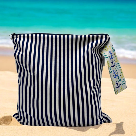 Large Wet Bag with Handle Stripes Navy and Anchors