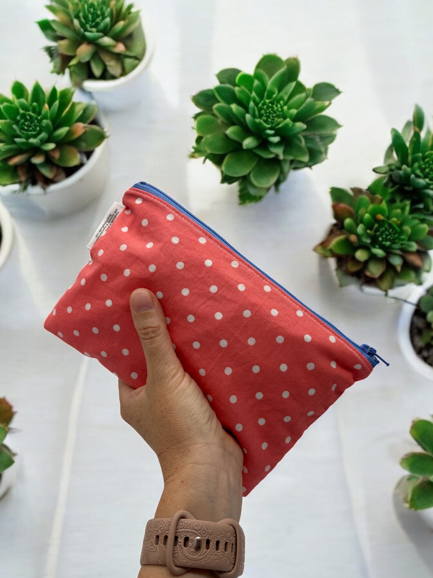 Snack Sized Reusable Zippered Bag Salmon Polka Dots