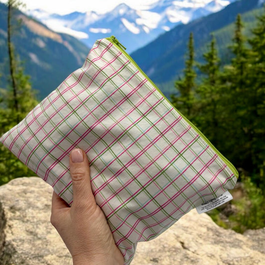 Sandwich Sized Reusable Zippered Bag Plaid Green Pink White