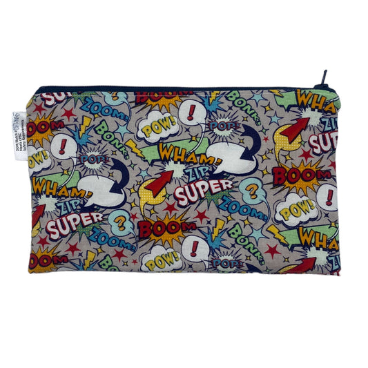 Snack Sized Reusable Zippered Bag Comic Words on Gray