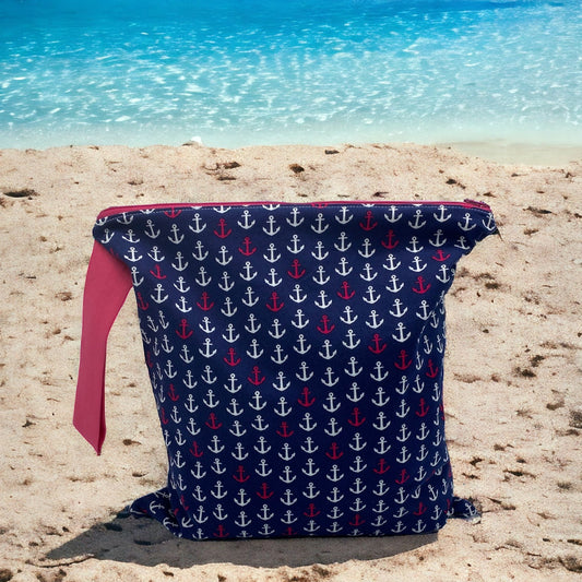 Large Wet Bag with Handle Anchors Pink and White on Navy