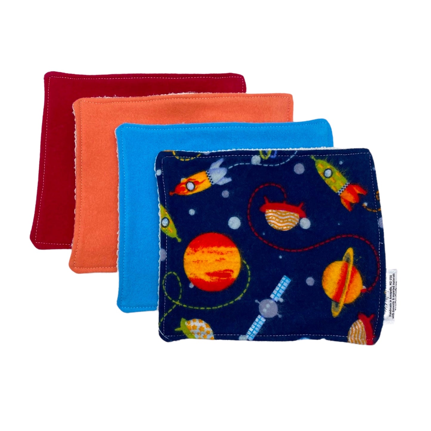 Wash Cloths - Minis - Solid Orange, Blue and Red with Space